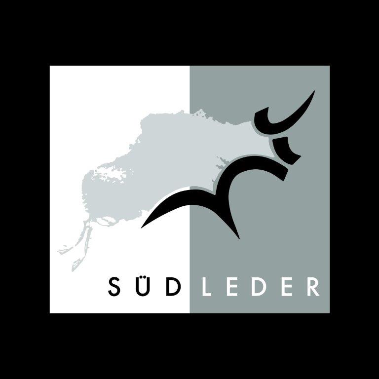Logo for Südleder: two-tone square with a stylized black bird over a white left half and gray right half, and the word Südleder beneath.