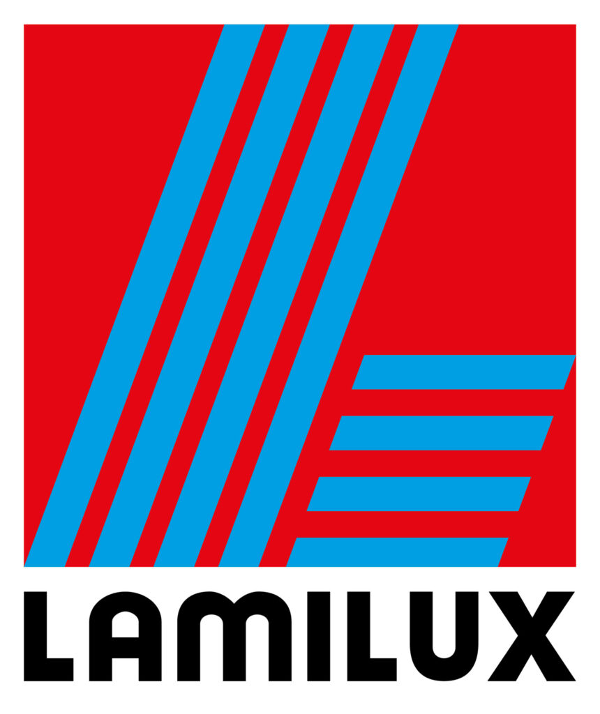 Bold red poster with multiple blue diagonal stripes crossing from bottom left to top right and large black text 'LEMO LUX' at the bottom.
