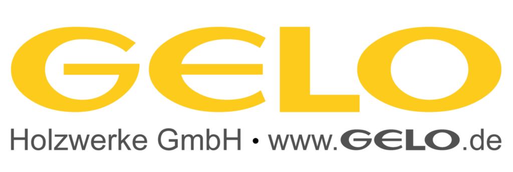 GELO logo: large yellow letters spelling GELO, with gray text underneath reading Holzwerke GmbH and www.GELO.de