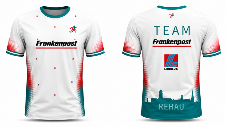 White athletic jersey with teal and red gradient panels, 'Frankenpost' sponsor on front, small team logos, and teal collar (front view). On back: 'TEAM', Frankenpost logo, square sponsor patch, and teal skyline with 'REHAU'.